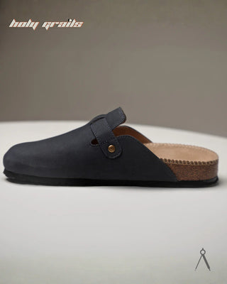 Hand Crafted 'Root' Deep Tide Navy Blue Unisex Full Textile Suede Natural Cork Footbed Easy Slip-On Clog HG x Cos Tan - Inner Side
