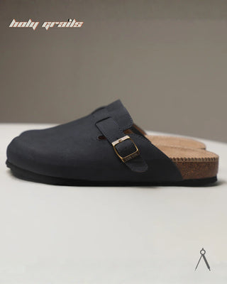 Hand Crafted 'Root' Deep Tide Navy Blue Unisex Full Textile Suede Natural Cork Footbed Easy Slip-On Clog HG x Cos Tan - Public Side