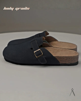 Hand Crafted 'Root' Deep Tide Navy Blue Unisex Full Textile Suede Natural Cork Footbed Easy Slip-On Clog HG x Cos Tan - Sides