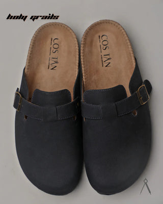 Hand Crafted 'Root' Deep Tide Navy Blue Unisex Full Textile Suede Natural Cork Footbed Easy Slip-On Clog HG x Cos Tan - Top
