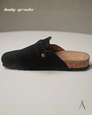 Hand Crafted 'Root' Onyx Black Unisex Full Textile Suede Natural Cork Footbed Easy Slip-On Clog HG x Cos Tan - Inner Side