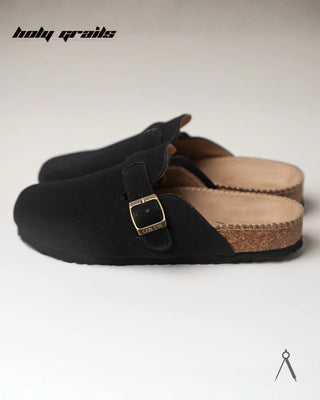 Hand Crafted 'Root' Onyx Black Unisex Full Textile Suede Natural Cork Footbed Easy Slip-On Clog HG x Cos Tan - Sides