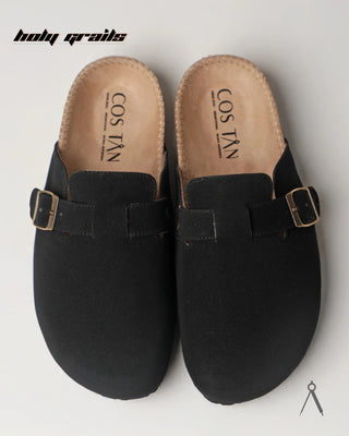 Hand Crafted 'Root' Onyx Black Unisex Full Textile Suede Natural Cork Footbed Easy Slip-On Clog HG x Cos Tan - Top