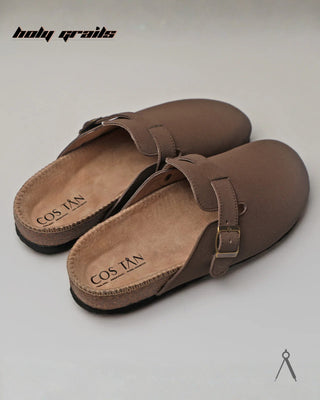 Hand Crafted 'Root' Sepia Brown Unisex Full Textile Suede Natural Cork Footbed Easy Slip-On Clog HG x Cos Tan - Back Sides