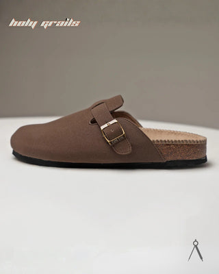 Hand Crafted 'Root' Sepia Brown Unisex Full Textile Suede Natural Cork Footbed Easy Slip-On Clog HG x Cos Tan - Front Side