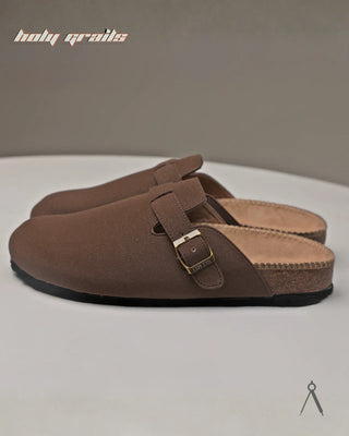 Hand Crafted 'Root' Sepia Brown Unisex Full Textile Suede Natural Cork Footbed Easy Slip-On Clog HG x Cos Tan - Sides