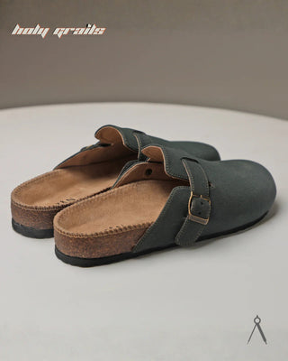 Hand Crafted 'Root' Verdant Green Unisex Full Textile Suede Natural Cork Footbed Easy Slip-On Clog HG x Cos Tan - Back Sides
