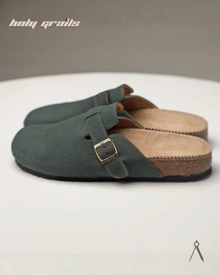 Hand Crafted 'Root' Verdant Green Unisex Full Textile Suede Natural Cork Footbed Easy Slip-On Clog HG x Cos Tan - Sides