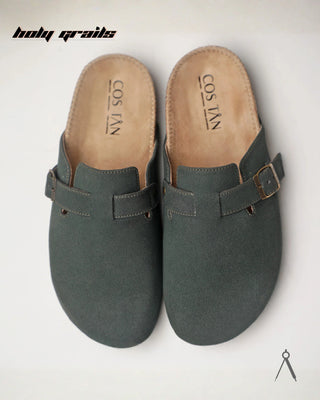 Hand Crafted 'Root' Verdant Green Unisex Full Textile Suede Natural Cork Footbed Easy Slip-On Clog HG x Cos Tan - Top