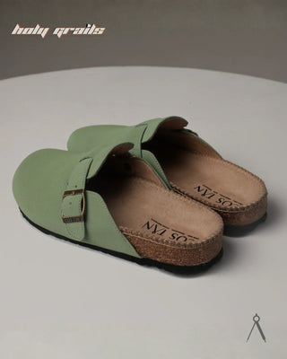 Hand Crafted 'Root' Verdant Light Green Unisex Full Textile Suede Natural Cork Footbed Easy Slip-On Clog HG x Cos Tan - Back Sides 1