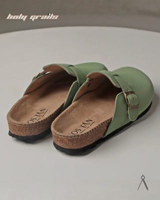 Hand Crafted 'Root' Verdant Light Green Unisex Full Textile Suede Natural Cork Footbed Easy Slip-On Clog HG x Cos Tan - Back Sides 2