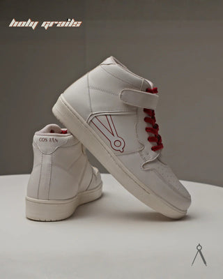Hand Crafted 'High Ball' Ivory Cranberry White Red Accent High Top 100% Full Vegan Leather Sneakers HG x Cos Tan - Side & Back