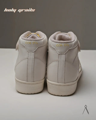 Hand Crafted 'High Ball' Ivory Marigold White Yellow Accent High Top 100% Full Vegan Leather Sneakers HG x Cos Tan - Back