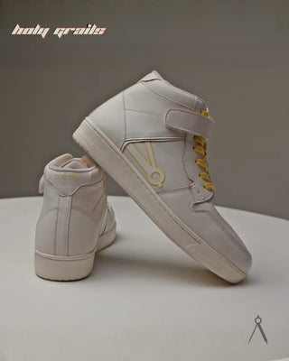 Hand Crafted 'High Ball' Ivory Marigold White Yellow Accent High Top 100% Full Vegan Leather Sneakers HG x Cos Tan - Side & Back