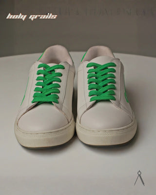 Hand Crafted 'Pebble' Ivory Verdant Pop White With Green Accent Low Top Plant Based Full Vegan Leather With Rubber Sole Sneakers HG x Cos Tan - Front