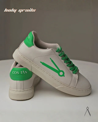 Hand Crafted 'Pebble' Ivory Verdant Pop White With Green Accent Low Top Plant Based Full Vegan Leather With Rubber Sole Sneakers HG x Cos Tan - Side & Back