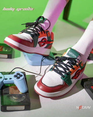 Men wearing Homegrown 'Gameboy' Premium Forest Green, Crimson, and Orange PU Upper with White Base, Cushioned Footbed, Eva Midsole & Rubber Outsole Lightweight Sneaker HG x NoGrav - Top & Side Close