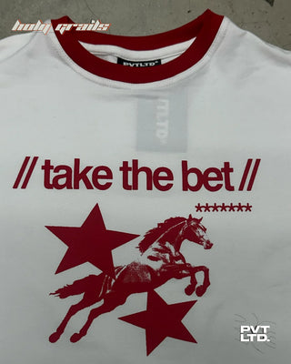 'Horsebet' White Cotton Graphic Printed Slim Fit Half Sleeve T-Shirt HG x Pvt Ltd - Front Close Up