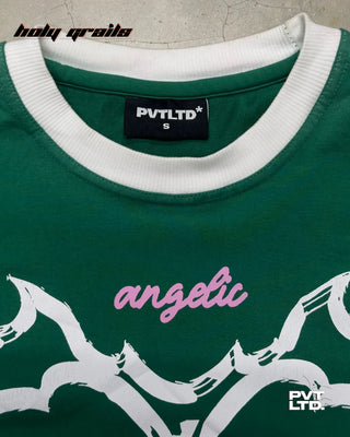 'Iron Heart' Green 260 GSM Looper Lycra Graphic Printed Sleeveless Vest HG x Pvt Ltd - Front Collar Close Up