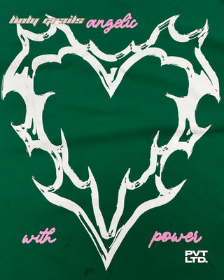 'Iron Heart' Green 260 GSM Looper Lycra Graphic Printed Sleeveless Vest HG x Pvt Ltd - Front Print Close Up