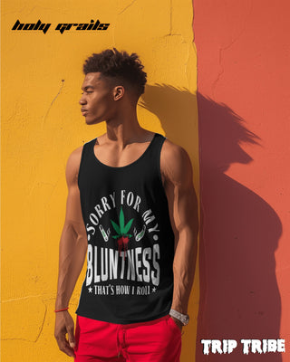 Male in Street Style 'Sorry For My Bluntness' 180 GSM 100% Cotton Black Sleeveless Vest HG x Trip Tribe - Front