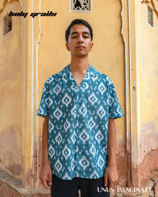 Men In Streetwear Style 'Kriti' Teal Green Chikankari Fabric Half-Sleeve Oversize Shirt HG x Unus Imaginari - Front