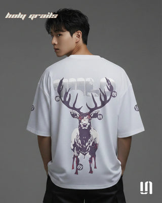Men Looking Back in Street Style 'Wild Deer' White 240 GSM 100% French Terry Cotton Puff Printed Oversized Tee HG x Sullitt - Back