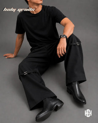 Men Sitting in 'Anchor' Deep Black Premium Structured Denims Wide Leg Pants HG x Charactr - Front