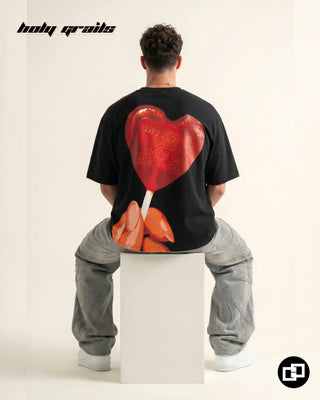 Men in Street Style Sitting 'Sinful Delight' Black 100% Cotton 240 GSM Graphic Printed Oversize Tee HG x Grey Hound - Back Full