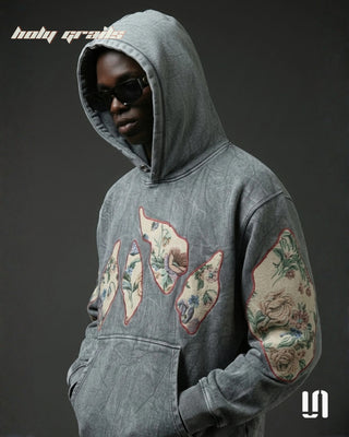 Men in Street Style 'Stonefade Jacquard' Grey Stone Washed Premium Heavyweight Cotton Blend with Jacquard Patch Oversize Hoodie HG x Sullitt- Front Side