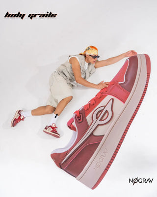 Men in Homegrown 'Anardana' Red Toned & Cream Premium PU Upper, Cushioned Footbed, Eva Midsole & Rubber Outsole Lightweight Sneaker HG x NoGrav - Sides, Posing with Sneaker Cutout