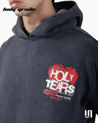 Men in Street Style - 'Holy Tears' Black Premium 350 GSM Screen Printed Oversize Hoodie HG x Sullitt - Front Print Close Up