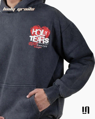 Men in Street Style - 'Holy Tears' Black Premium 350 GSM Screen Printed Oversize Hoodie HG x Sullitt - Front Print & Pocket Close
