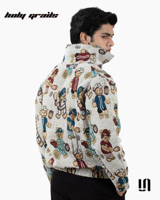 Men in Street Style Elegant 'Teddy Jacquard' Beige Imported Jacquard Fabric Zipper Jacket HG x Sullitt - Back Side
