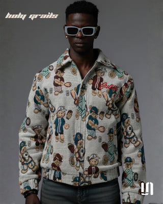 Men in Street Style Elegant 'Teddy Jacquard' Beige Imported Jacquard Fabric Zipper Jacket HG x Sullitt - Front