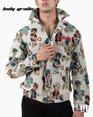 Men in Street Style Elegant 'Teddy Jacquard' Beige Imported Jacquard Fabric Zipper Jacket HG x Sullitt - Front Close