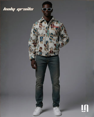 Men in Street Style Elegant 'Teddy Jacquard' Beige Imported Jacquard Fabric Zipper Jacket HG x Sullitt - Front Full