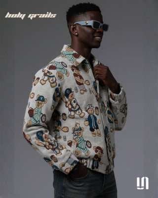 Men in Street Style Elegant 'Teddy Jacquard' Beige Imported Jacquard Fabric Zipper Jacket HG x Sullitt - Front Side 1