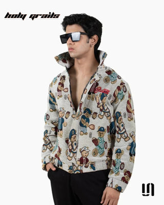 Men in Street Style Elegant 'Teddy Jacquard' Beige Imported Jacquard Fabric Zipper Jacket HG x Sullitt - Front Side 2