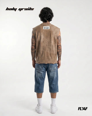 Men in Street Style 'AF FLY Distressed' Beige 240 GSM 100% Cotton Washed & Screen Printed Sleeveless Vest HG x FLYAF - Back Full