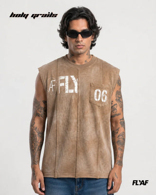 Men in Street Style 'AF FLY Distressed' Beige 240 GSM 100% Cotton Washed & Screen Printed Sleeveless Vest HG x FLYAF - Front