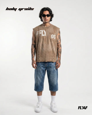 Men in Street Style 'AF FLY Distressed' Beige 240 GSM 100% Cotton Washed & Screen Printed Sleeveless Vest HG x FLYAF - Front Full