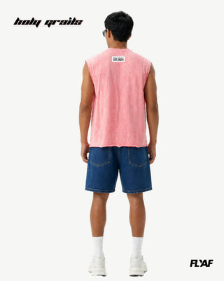 Men in Street Style 'AF FLY Distressed' Peach Pink 240 GSM 100% Cotton Washed & Screen Print Sleeveless Vest HG x FLYAF - Back Full