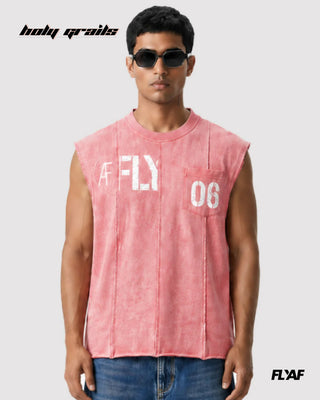 Men in Street Style 'AF FLY Distressed' Peach Pink 240 GSM 100% Cotton Washed & Screen Print Sleeveless Vest HG x FLYAF - Front