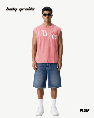 Men in Street Style 'AF FLY Distressed' Peach Pink 240 GSM 100% Cotton Washed & Screen Print Sleeveless Vest HG x FLYAF - Front Full