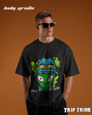 Men in Street Style 'Alien High' Black 240 GSM 100% Cotton Oversize Tee HG x Trip Tribe - Front