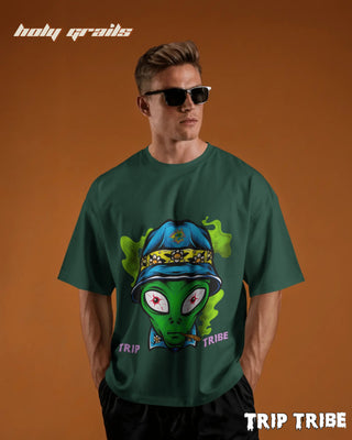 Men in Street Style 'Alien High' Bottle Green 240 GSM 100% Cotton Oversize Tee HG x Trip Tribe - Front