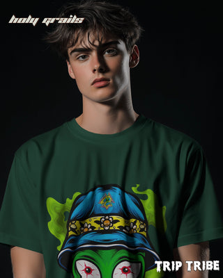 Men in Street Style 'Alien High' Bottle Green 240 GSM 100% Cotton Oversize Tee HG x Trip Tribe - Front Close Up