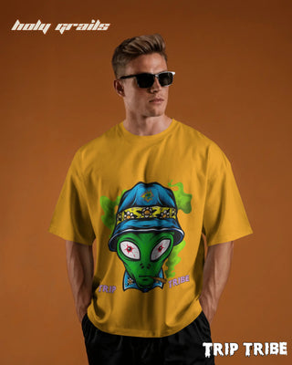 Men in Street Style 'Alien High' Golden Yellow 240 GSM 100% Cotton Oversize Tee HG x Trip Tribe - Front