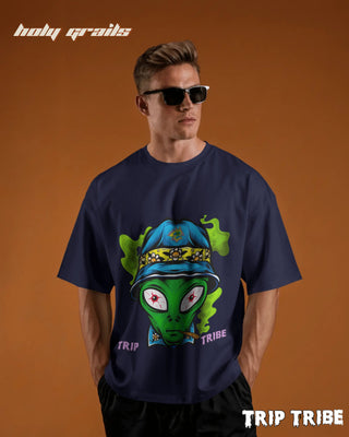 Men in Street Style 'Alien High' Navy Blue 240 GSM 100% Cotton Oversize Tee HG x Trip Tribe - Front